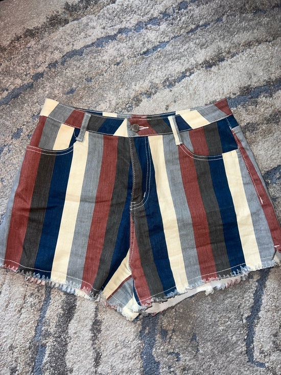 Saints & Hearts Pants - Striped Multi-Tone High-Rise Denim Shorts